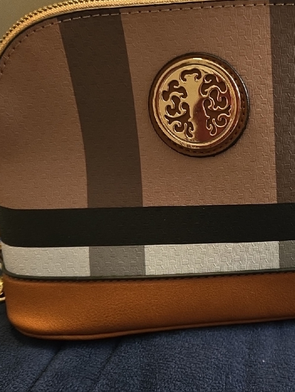 Brown Striped Dome Crossbody Bag with Gold Emblem NEW